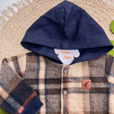 Inverno 2025 - Conj. Casaco Flanelado Dino Xadrez e Calça em Moletom - Caramelo e Marinho